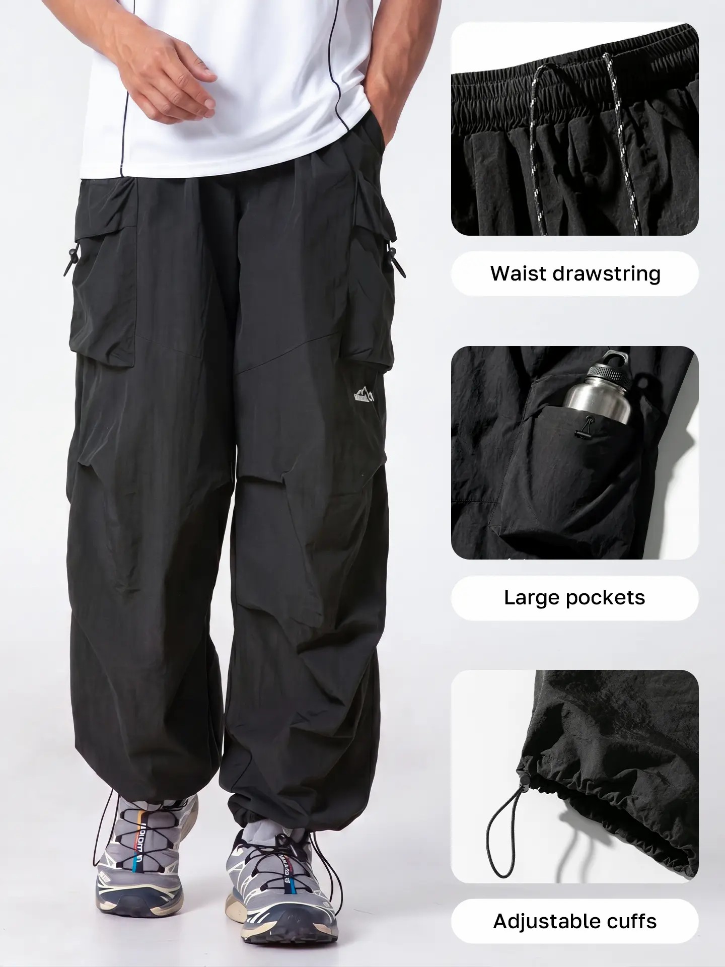 Unisex Baggy Cargo Parachute Pants – Lightweight Water-Resistant Outdoor Hiking Trousers, Loose-Fit Gorpcore Streetwear