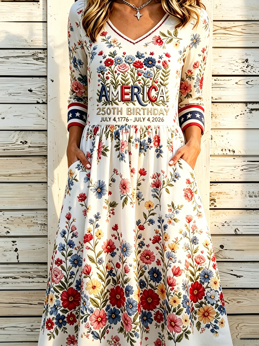 Women'S Retro Independence Day Rose Pattern Casual Round Neck Dress