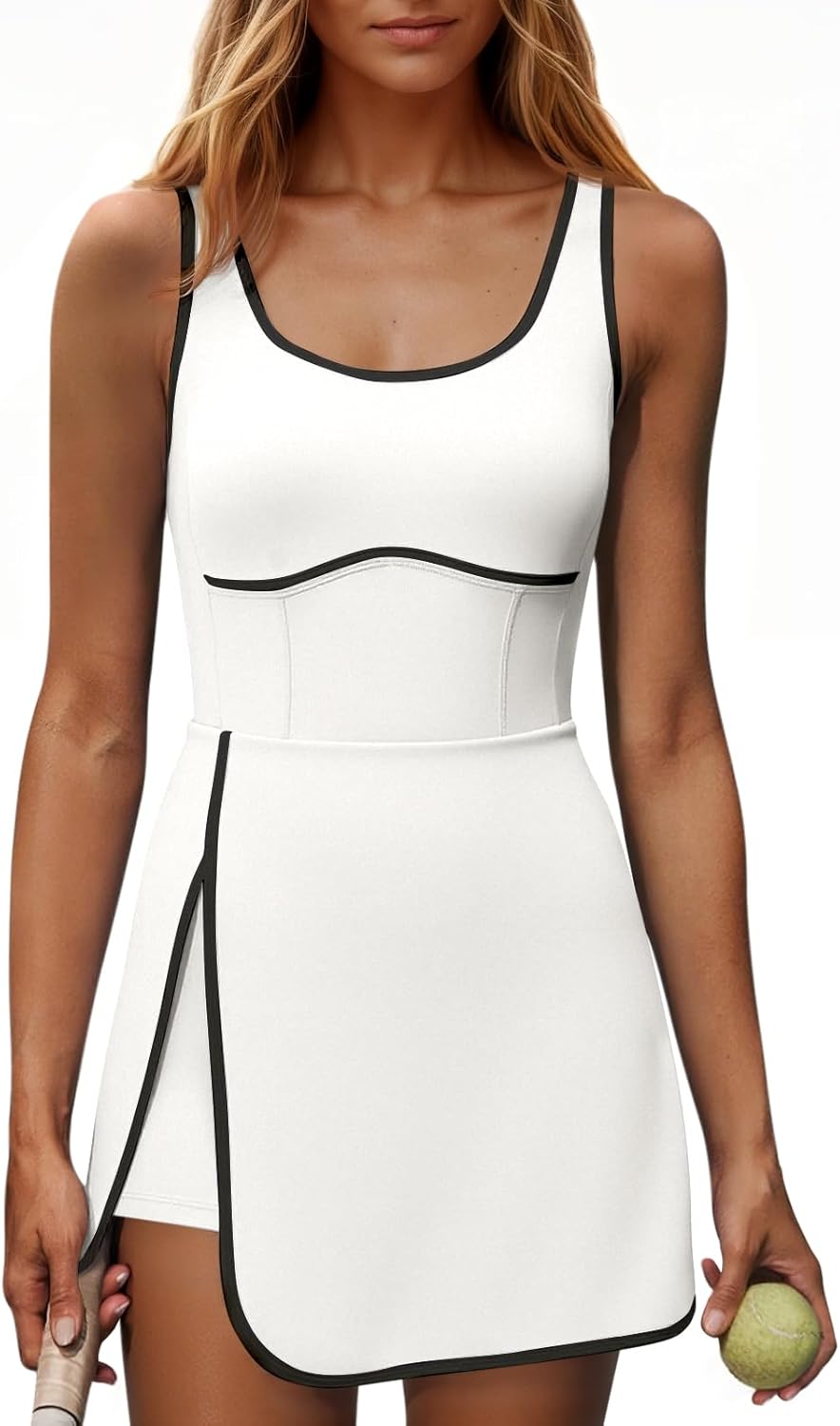 Womens Workout Tennis Dress with Built-in Bra & Shorts Pockets Sleeveless Cutout Golf Athletic Mini Dresses