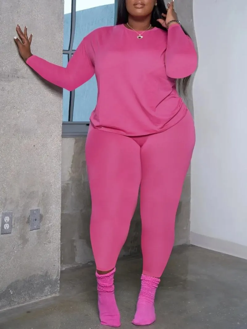 Women's Plus Size 2-Piece Set, Long-Sleeve Round-Neck Top & Pants, Casual Home Sportswear for Daily Wear