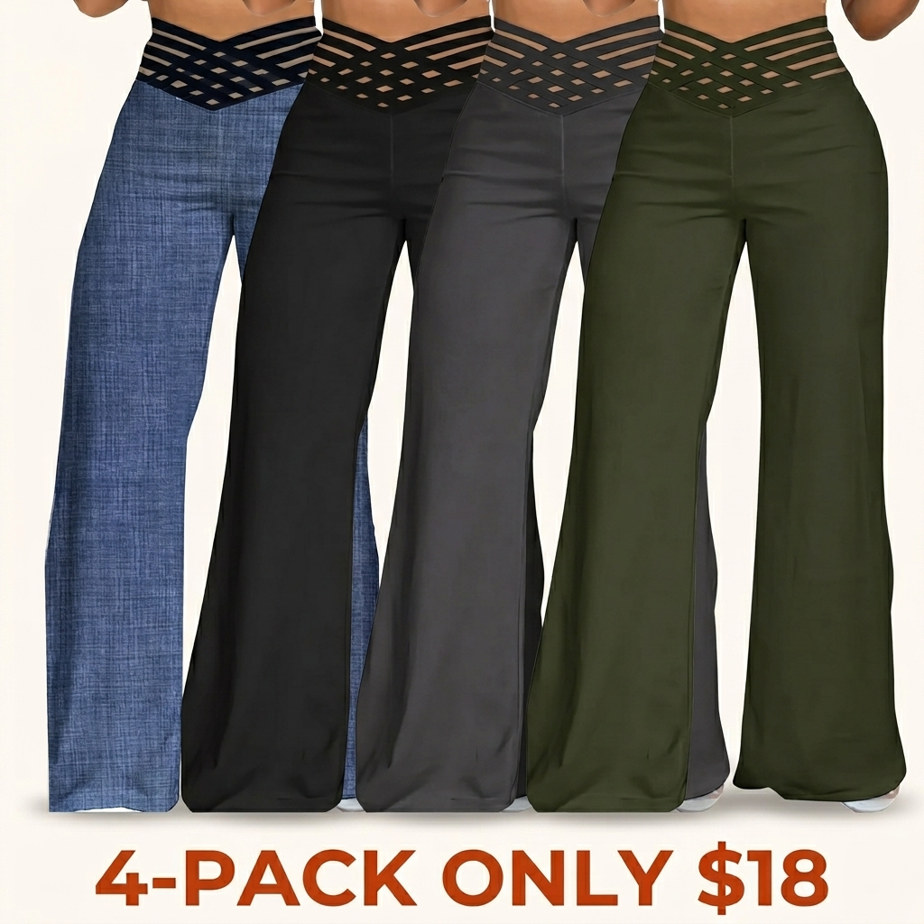 Women's Elastic Waist Flare Leg Pants Soild Ruched Long Yoga Trousers
