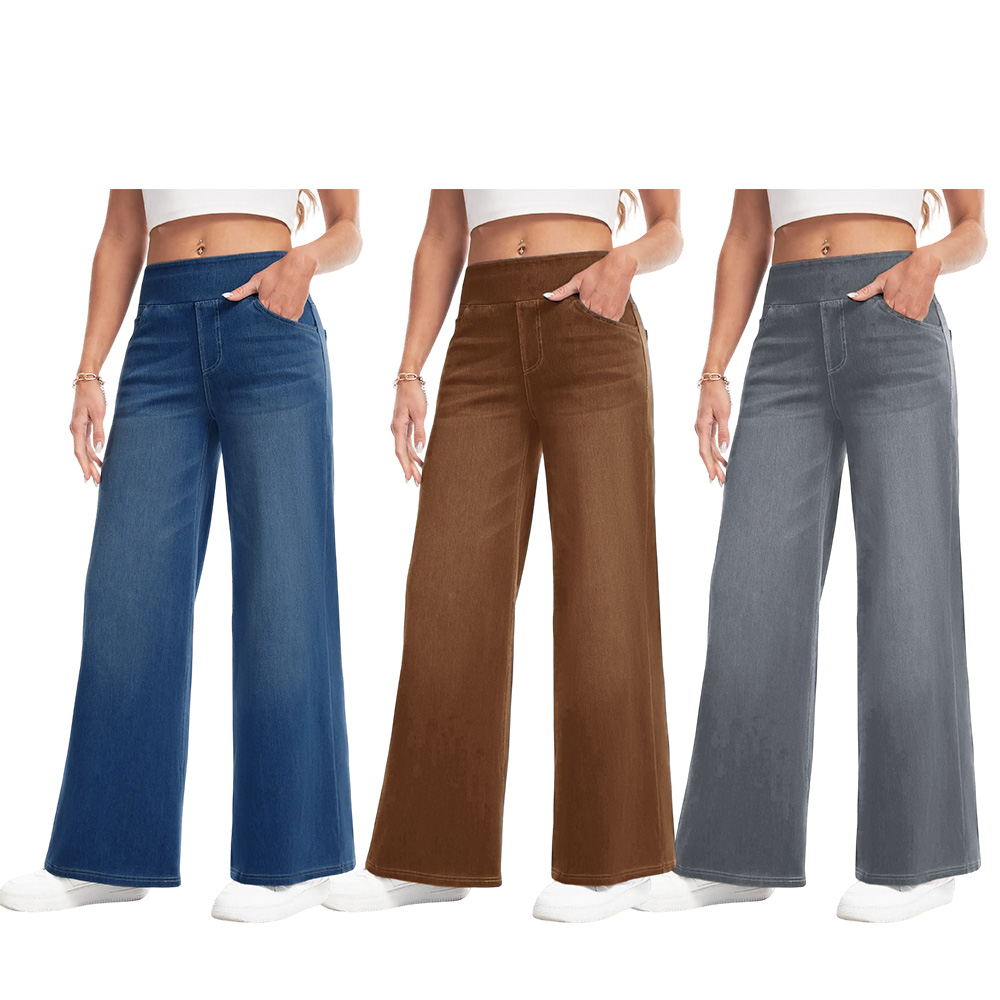 Wide Leg Stretchy Jeans for Women Loose Fit Elastic High Waist Pants