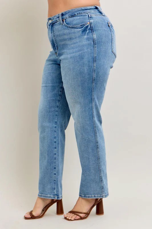 Blue Full Size Tummy Control Vintage Wash Straight Jeans Plus Size