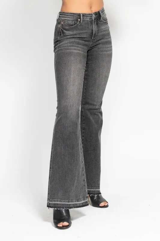 Blue Full Size Midi Rise Tummy Control Washed Gray Release Hem Flare Jeans Plus Size