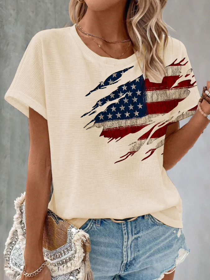 Women's Retro American Flag Printed Waffle T-shirt