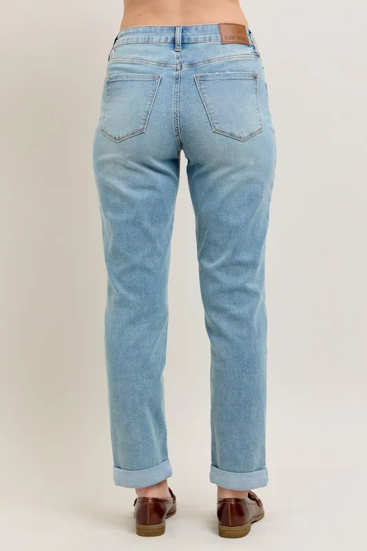 Blue Full Size V-Front Cuff Boyfriend Jeans Plus Size