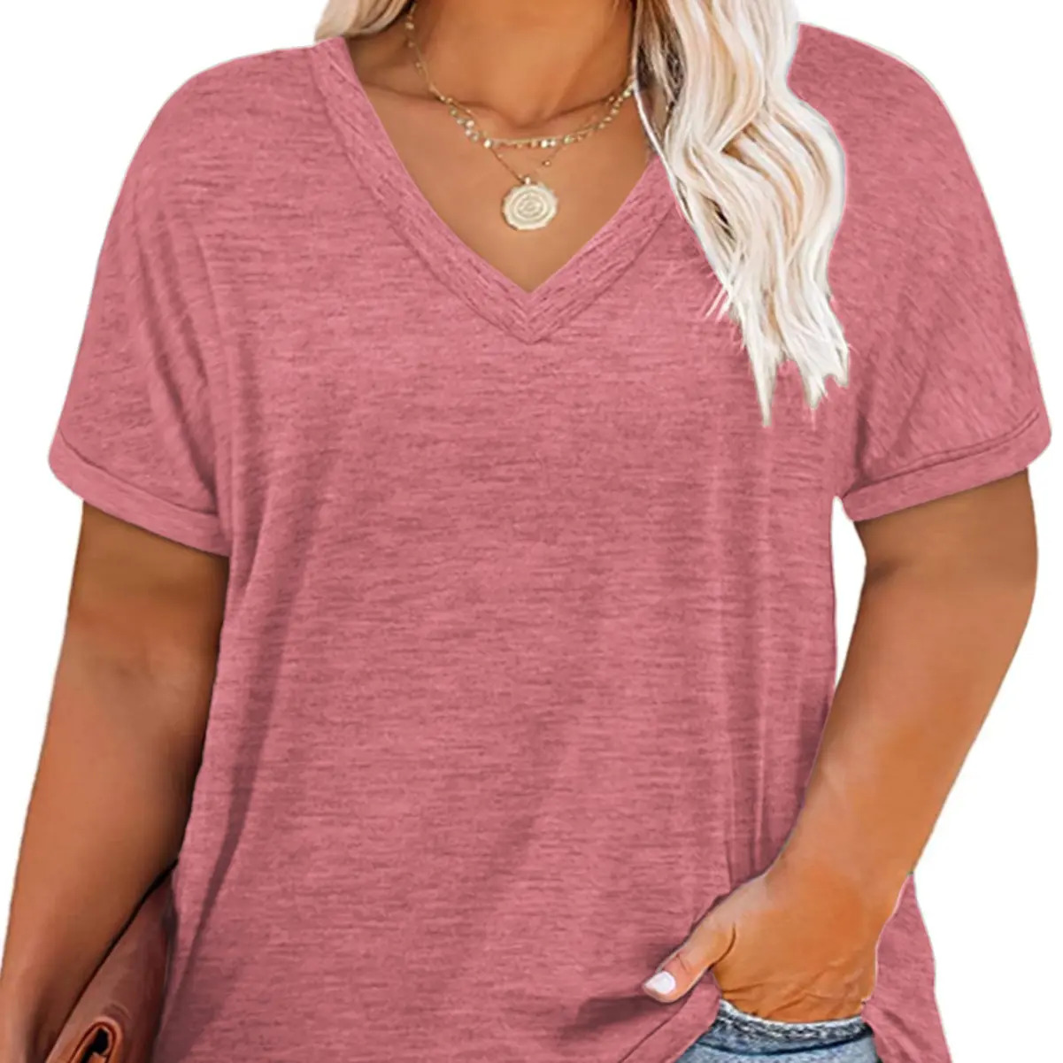 Women's Plus-Size V-Neck Short-Sleeve T-Shirt — Casual, Loose-Fit Summer Top — Soft, Breathable Basic Tee