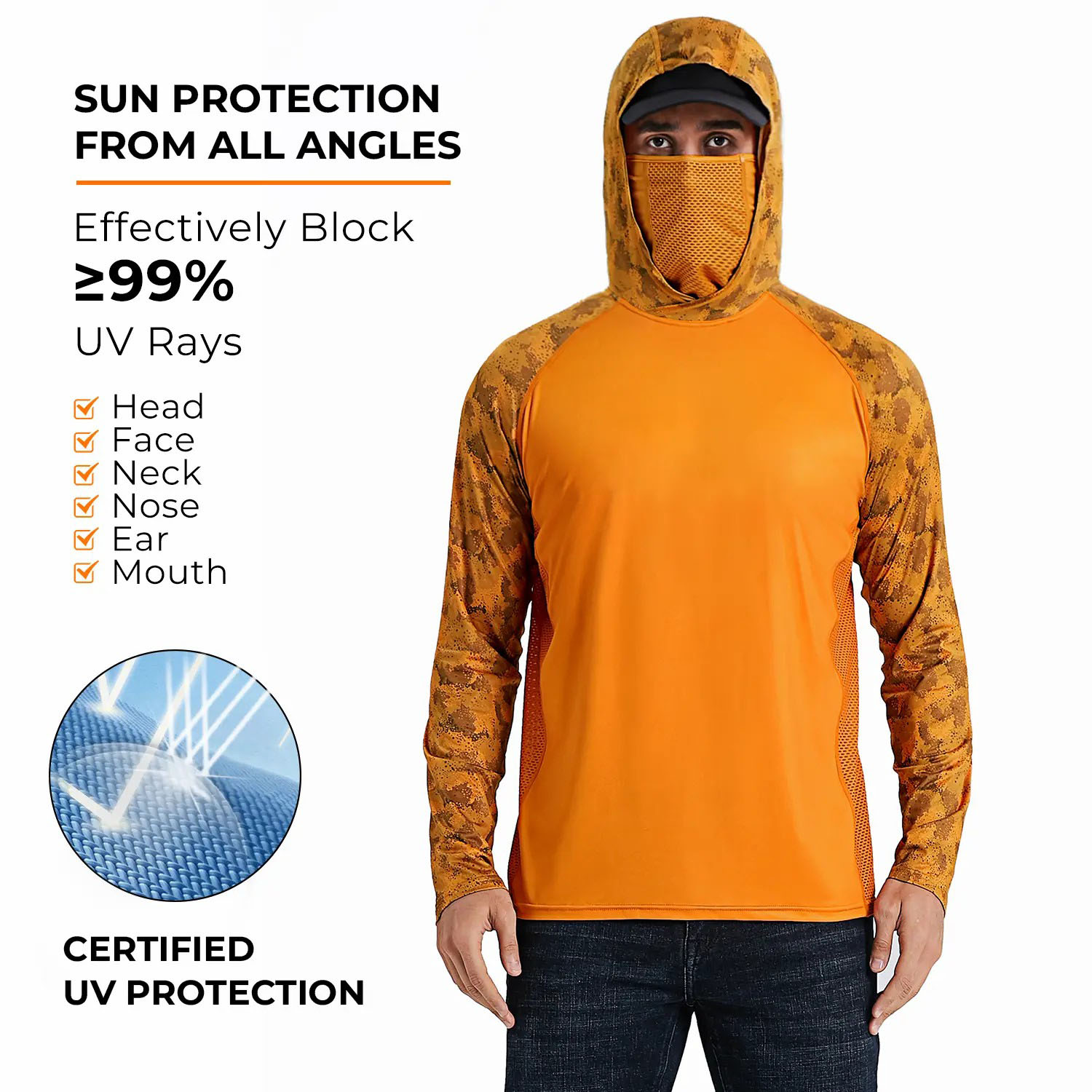 Men's UPF 50+ Sun Hoodie with Built-in Mask & Neck Gaiter – Lightweight Cooling Activewear
