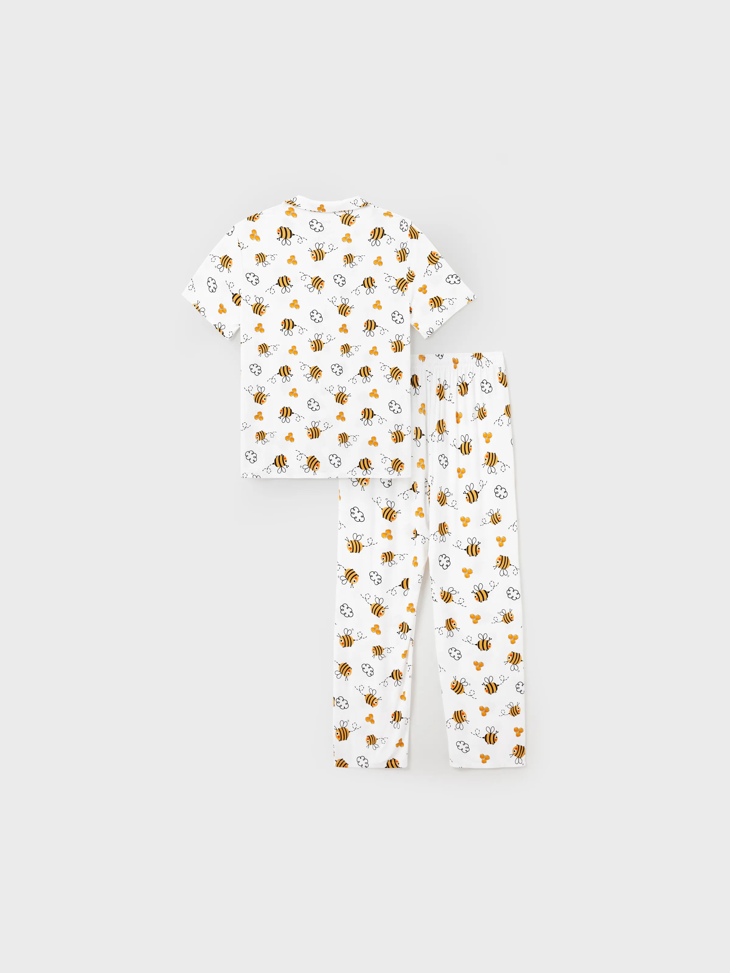 Family Matching Bamboo Pajamas Soft Bamboo Viscose PJs for Men Women Kids Toddler, Cute Bee Print Sleepwear with Short Sleeve Top and Long Pants White
