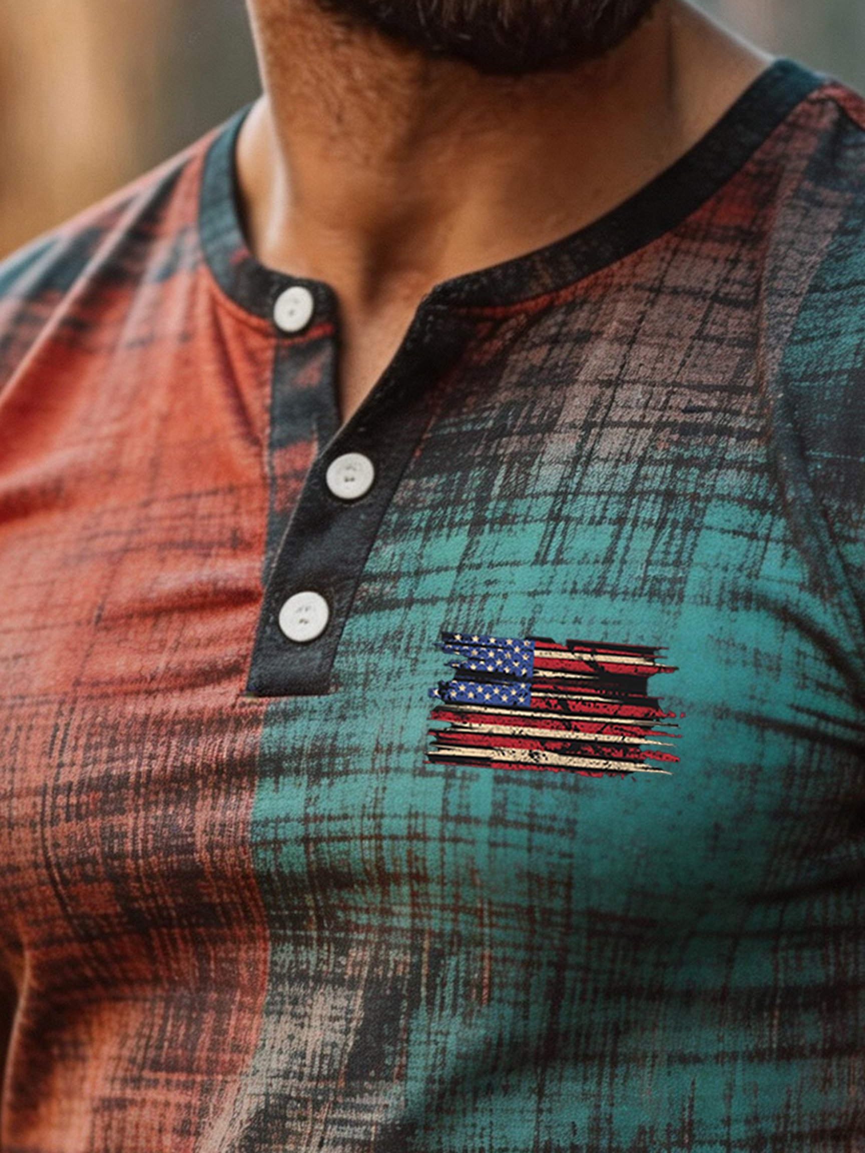 Men's Retro Patriotic Color-Block Short-Sleeve Henley T-Shirt