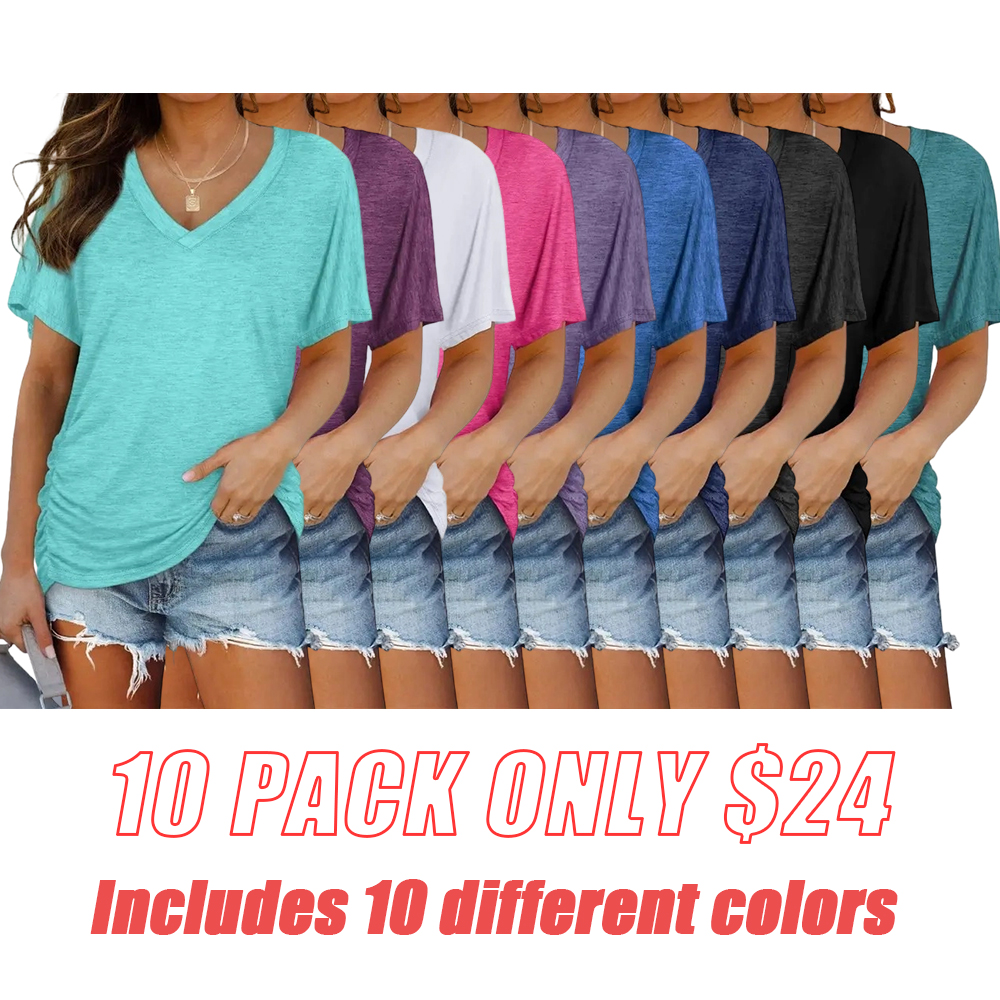 Women's Short Sleeve V Neck Dolman Tops with Side Shirring Loose Fit Shirts Spring Statements