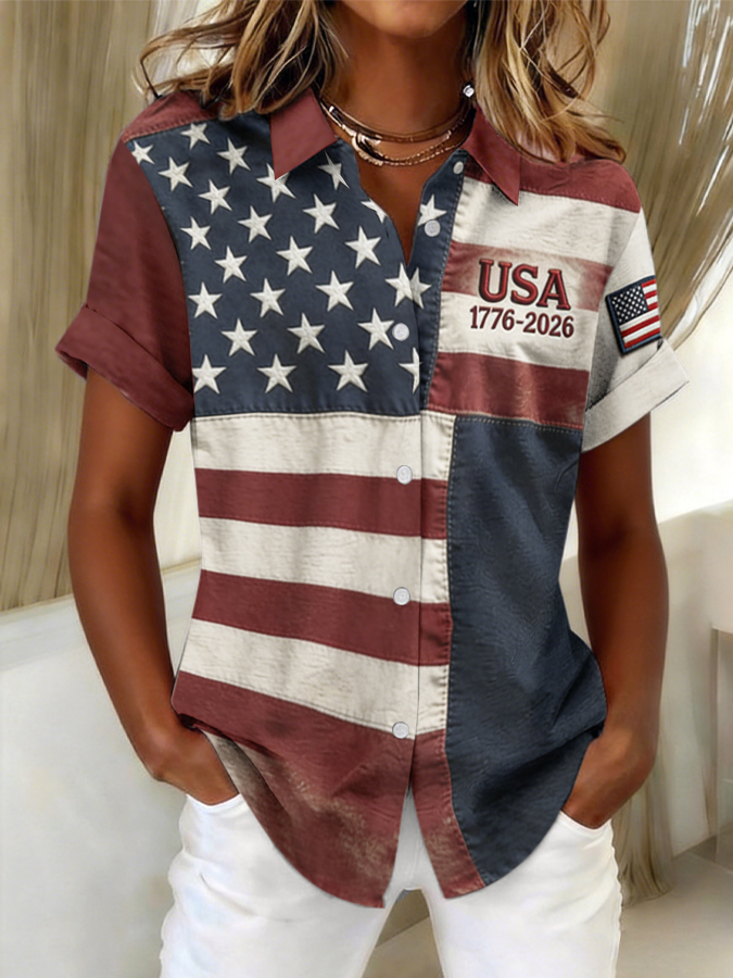 Women'S Independence Day Patriotic American Flag 250Th Anniversary Button Short Sleeve Shirt