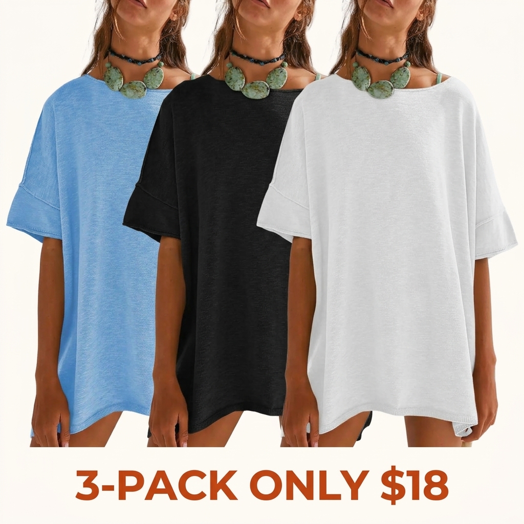 Women's Loose-Fit T-Shirt – Casual Summer Crew Neck Drop-Shoulder Short-Sleeve Top with Side-Slit Hem