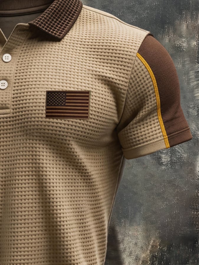 Men's Retro Waffle-Knit Patriotic Color-Block Short-Sleeve Polo Shirt