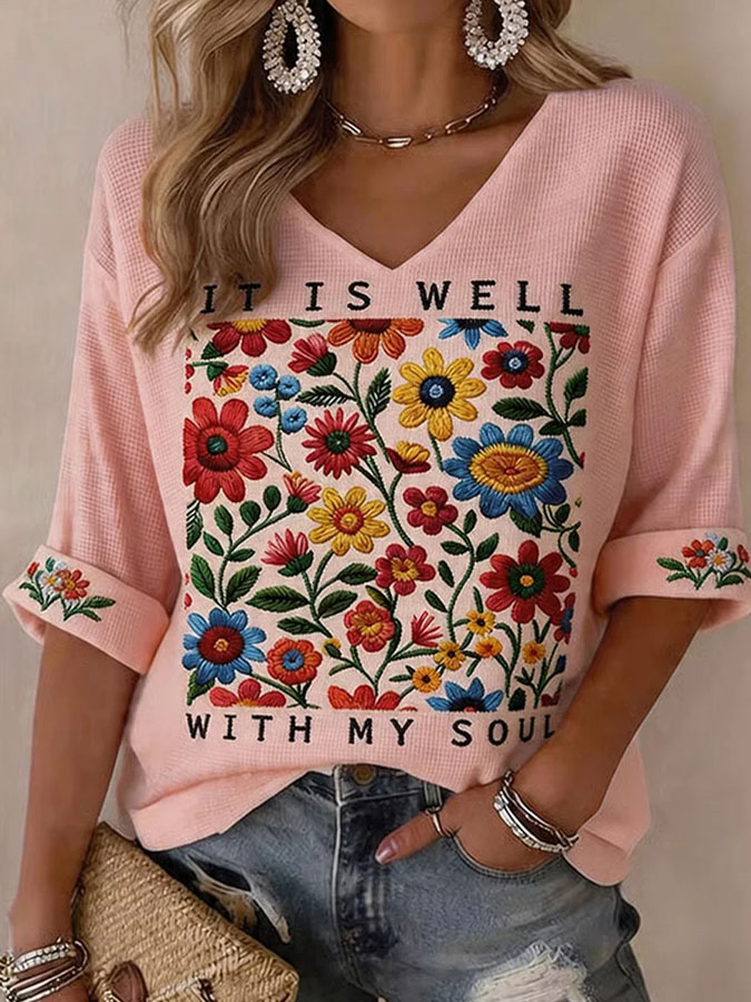 Women's Faith Floral Printed Casual Waffle Long Sleeve T-shirt