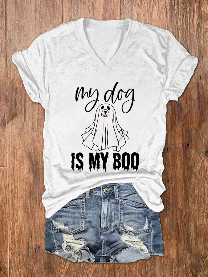Women's My Dog Is My Boo Halloween Dog Print V-Neck T-Shirt