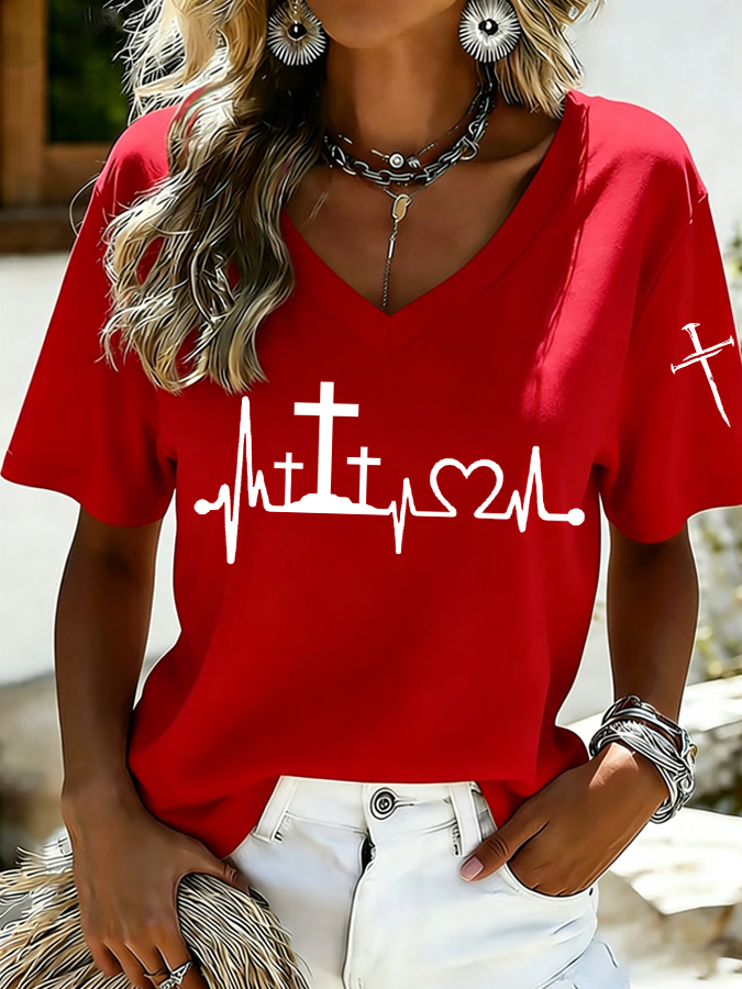 Women's Jesus Three Crosses Heartbeat Print Casual T-shirt