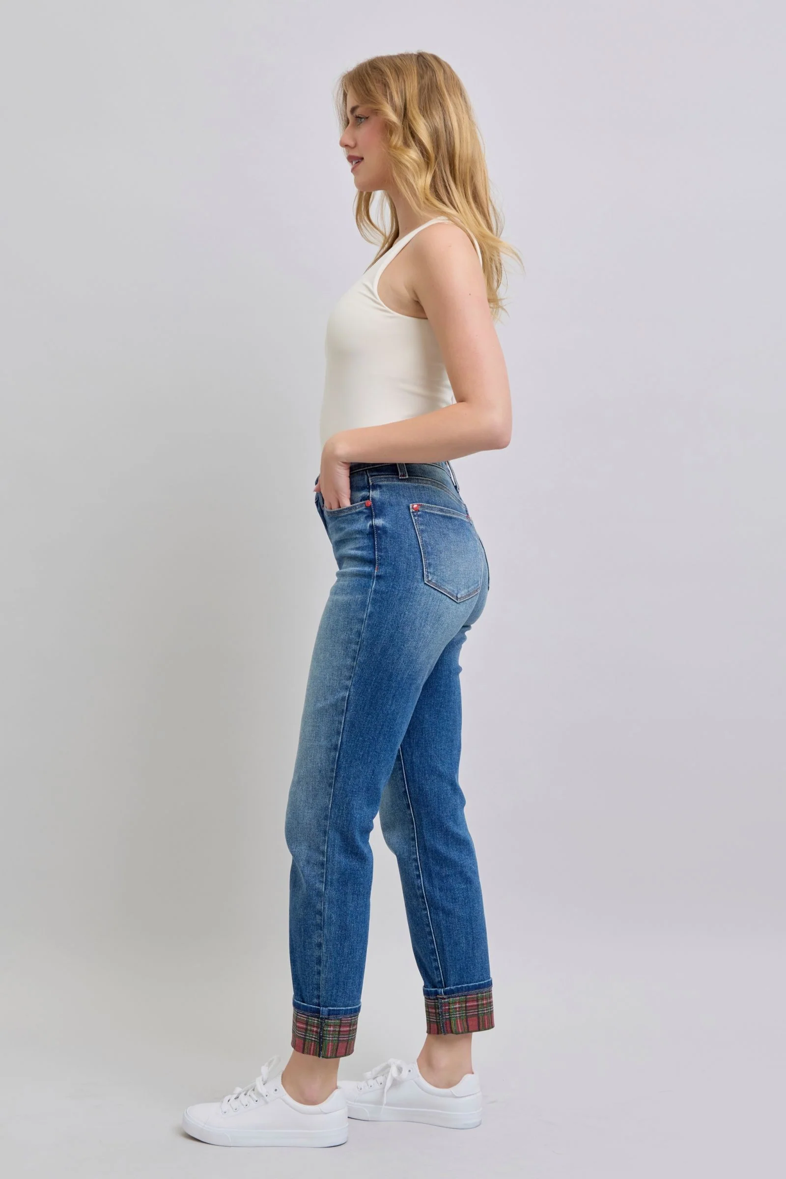Blue Full Size Plaid Print Cuff Straight Leg Jeans with Pockets