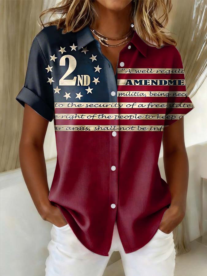 Women'S Independence Day Patriotic American Flag 250Th Anniversary Button Short Sleeve Shirt