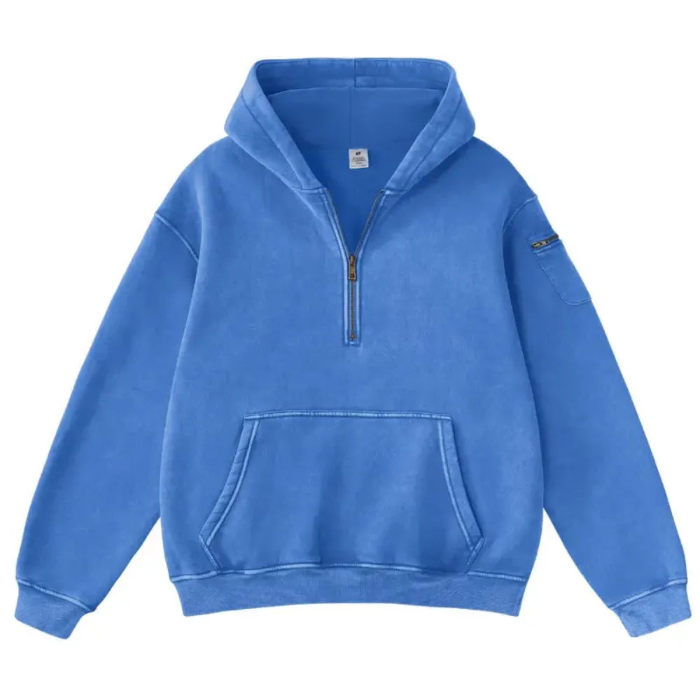 Unisex Vintage Acid Washed Half Zip Fleece Hoodie