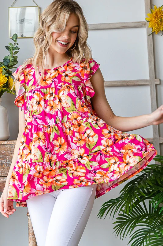 Butterfly Sleeve Floral Tiered Top