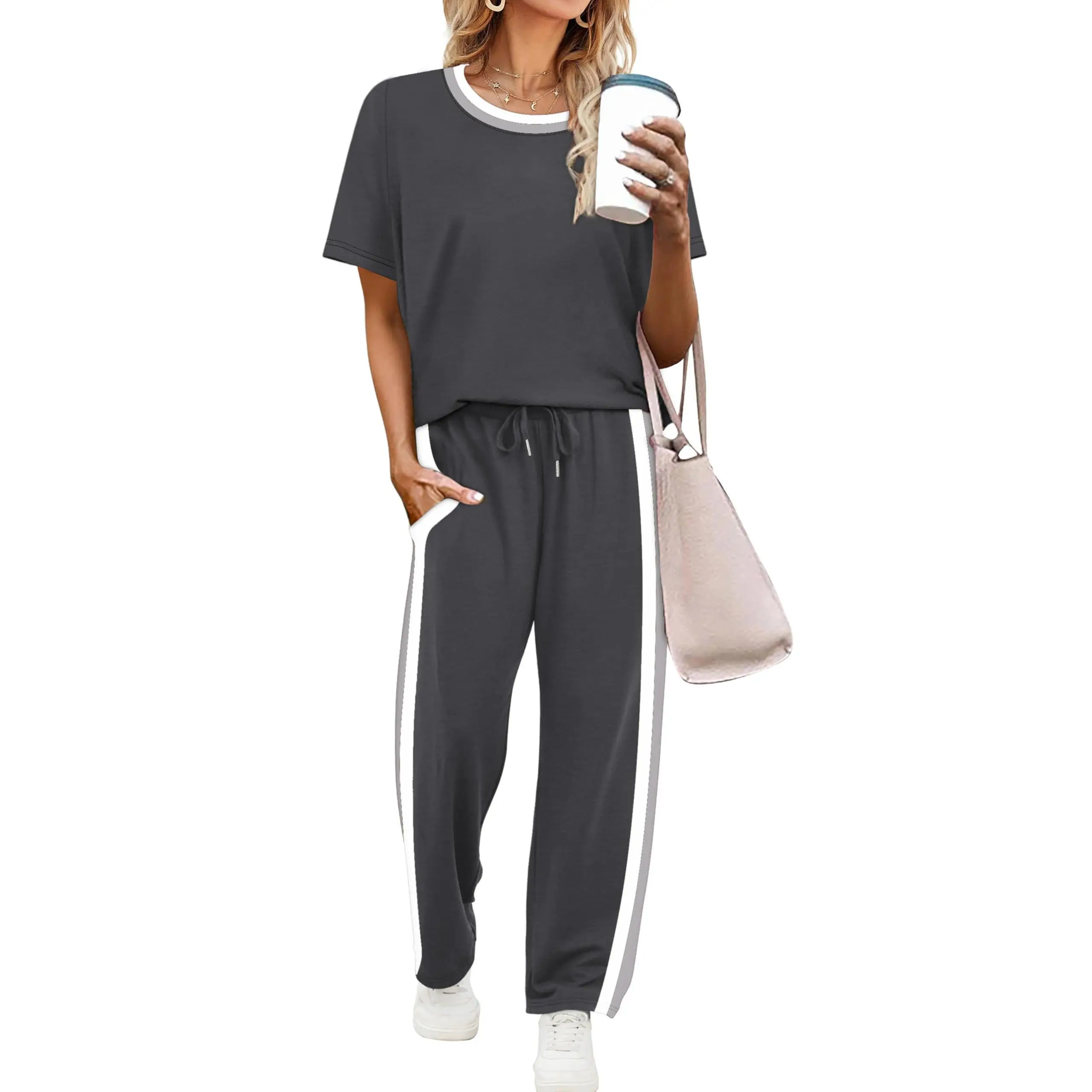 2 Piece Lounge Sets for Women Matching Set Summer Outfits Short Sleeve Tops Wide Leg Pants with Pockets