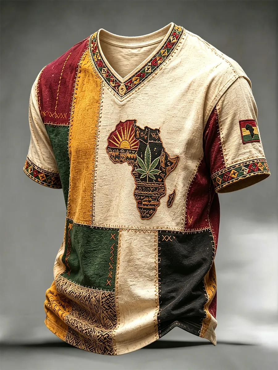African Map Patchwork Men’s V-Neck T-Shirt