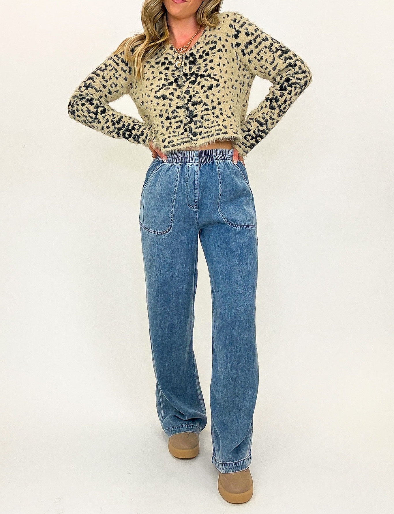 Blue Drift Washed Chambray Elastic Waist Wide Leg Pants