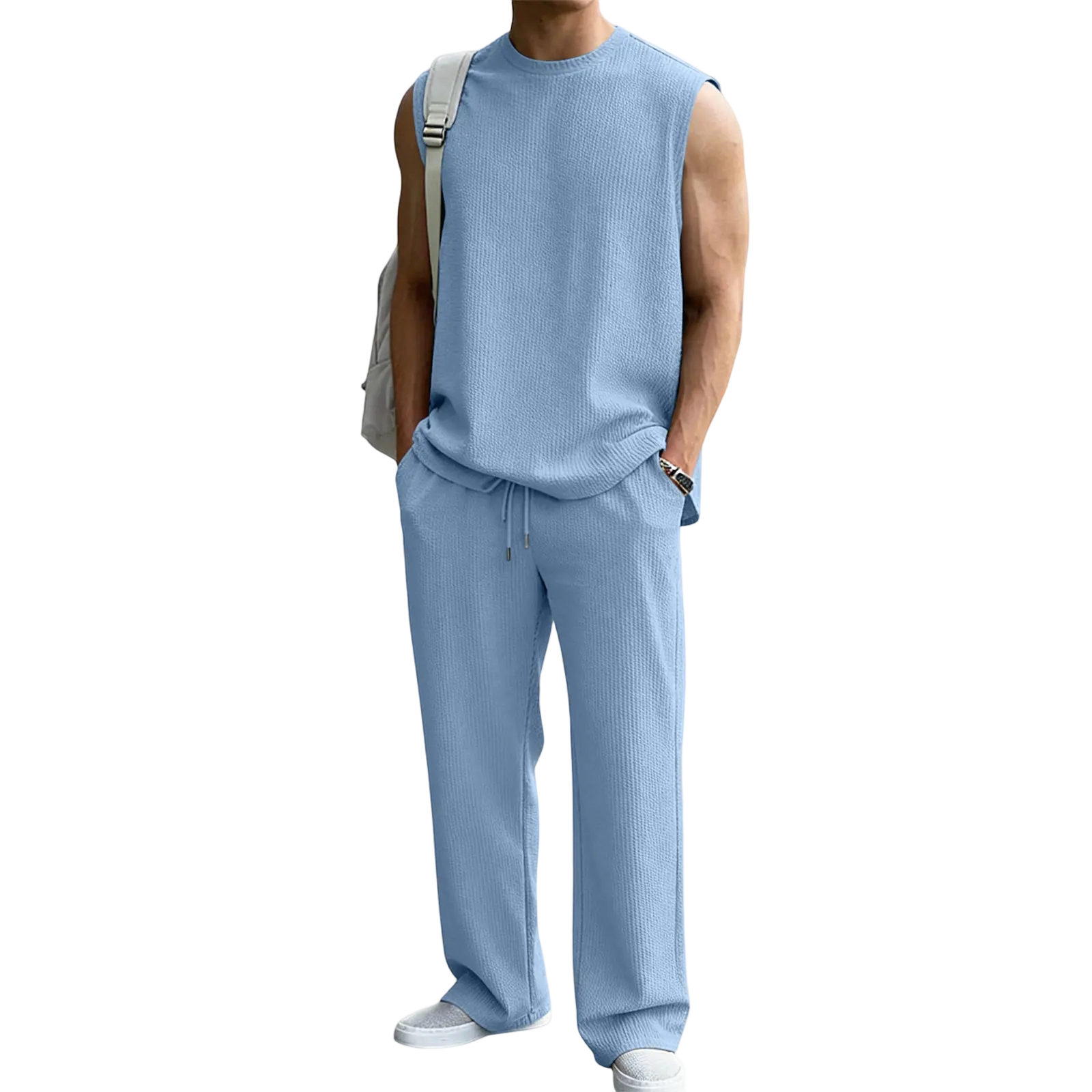 Mens 2 Piece Rib Knit Sweatsuit Summer Sleeveless Tank