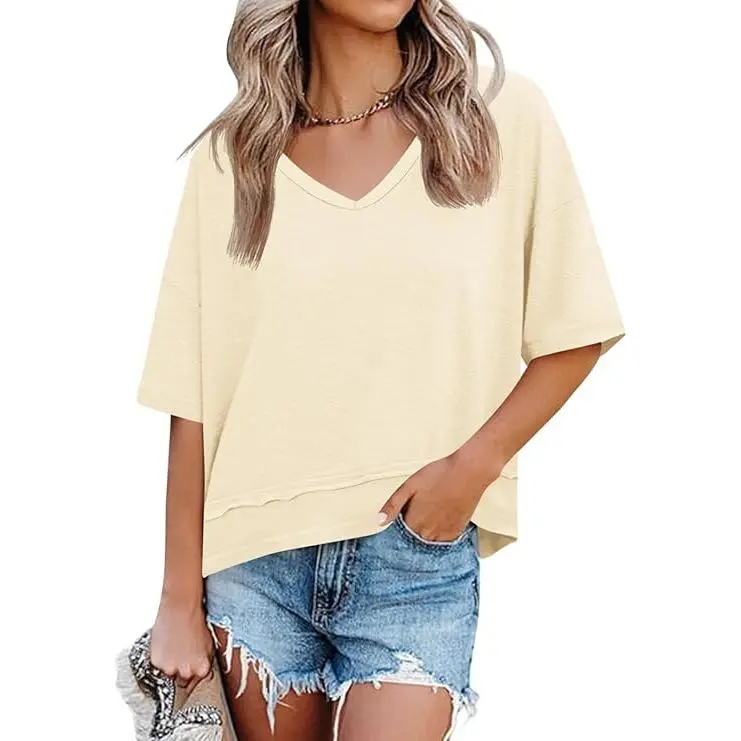 Women's Summer V Neck T Shirts Casual Short Sleeve Flowy Tops Cute Loose Fit Basic Tees Premium Blend Fabric Flattering V Neckline