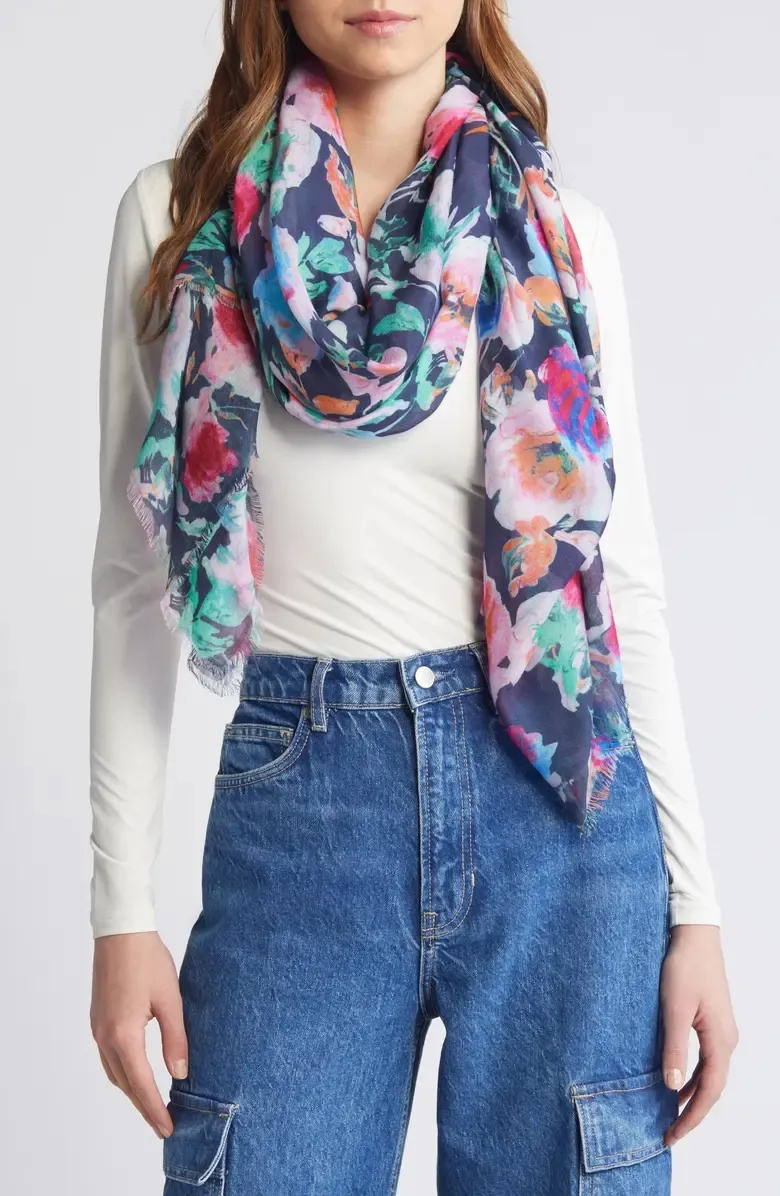 Floral Print Fringe Scarf