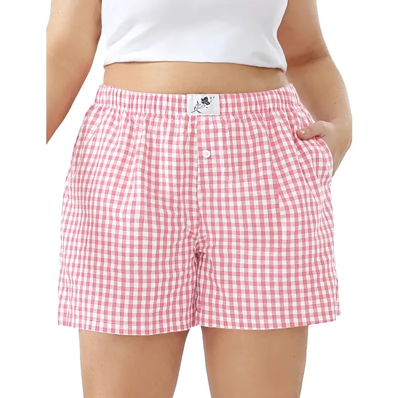 【Plus Size】Women's Plaid Print Patched Elastic Waist Shorts