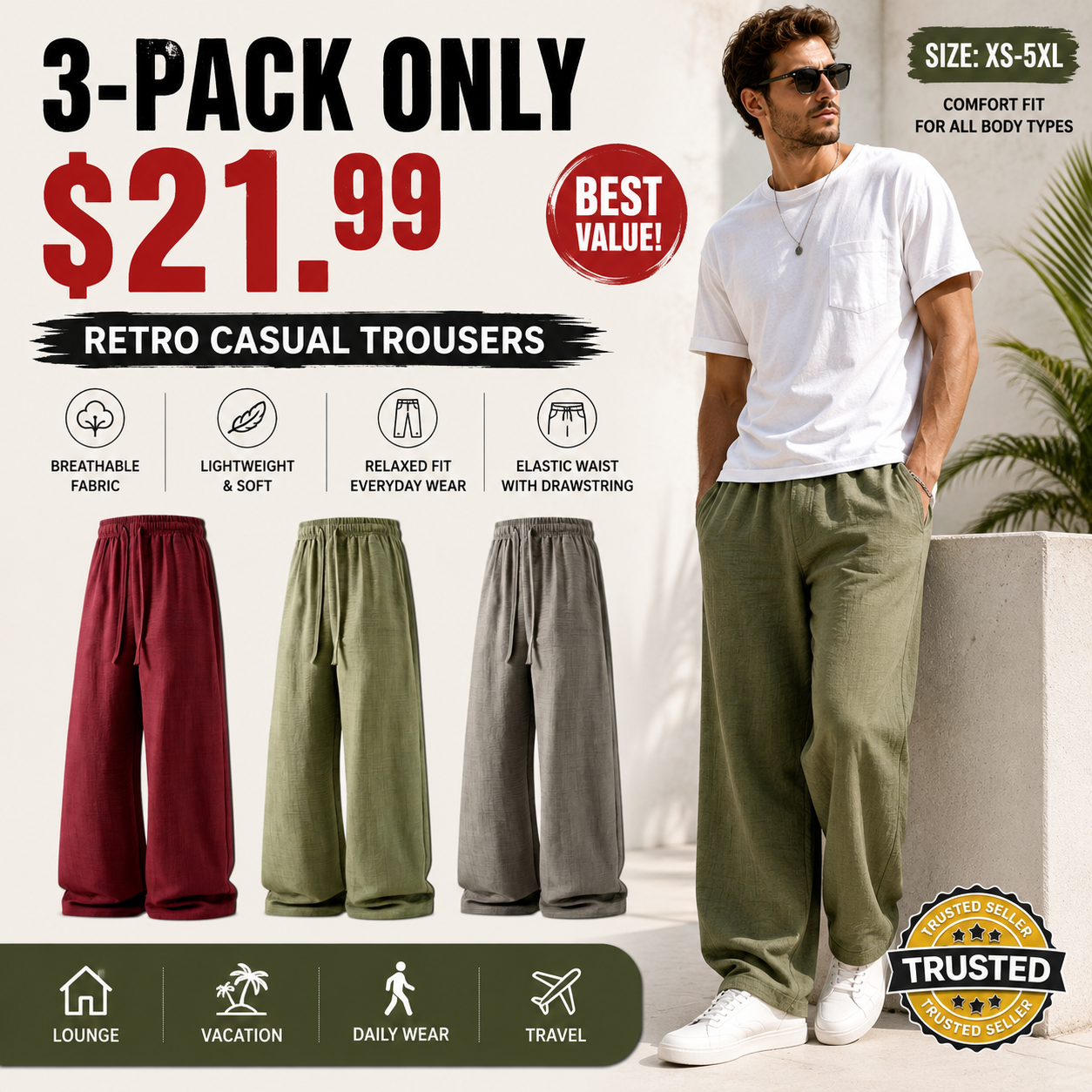 Limited-Time 9-Piece Set – Unisex summer lightweight casual retro pants
