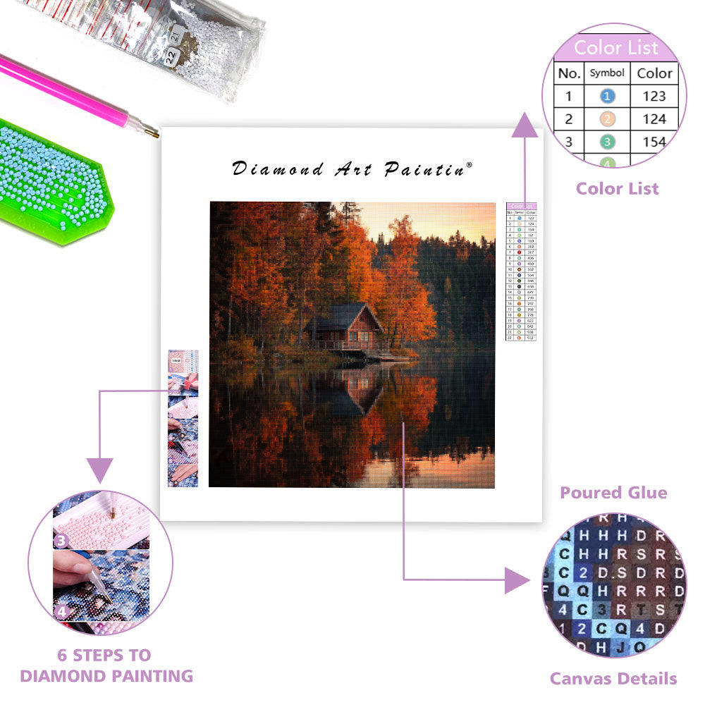Cabin by the Autumn Lake - Diamond Painting