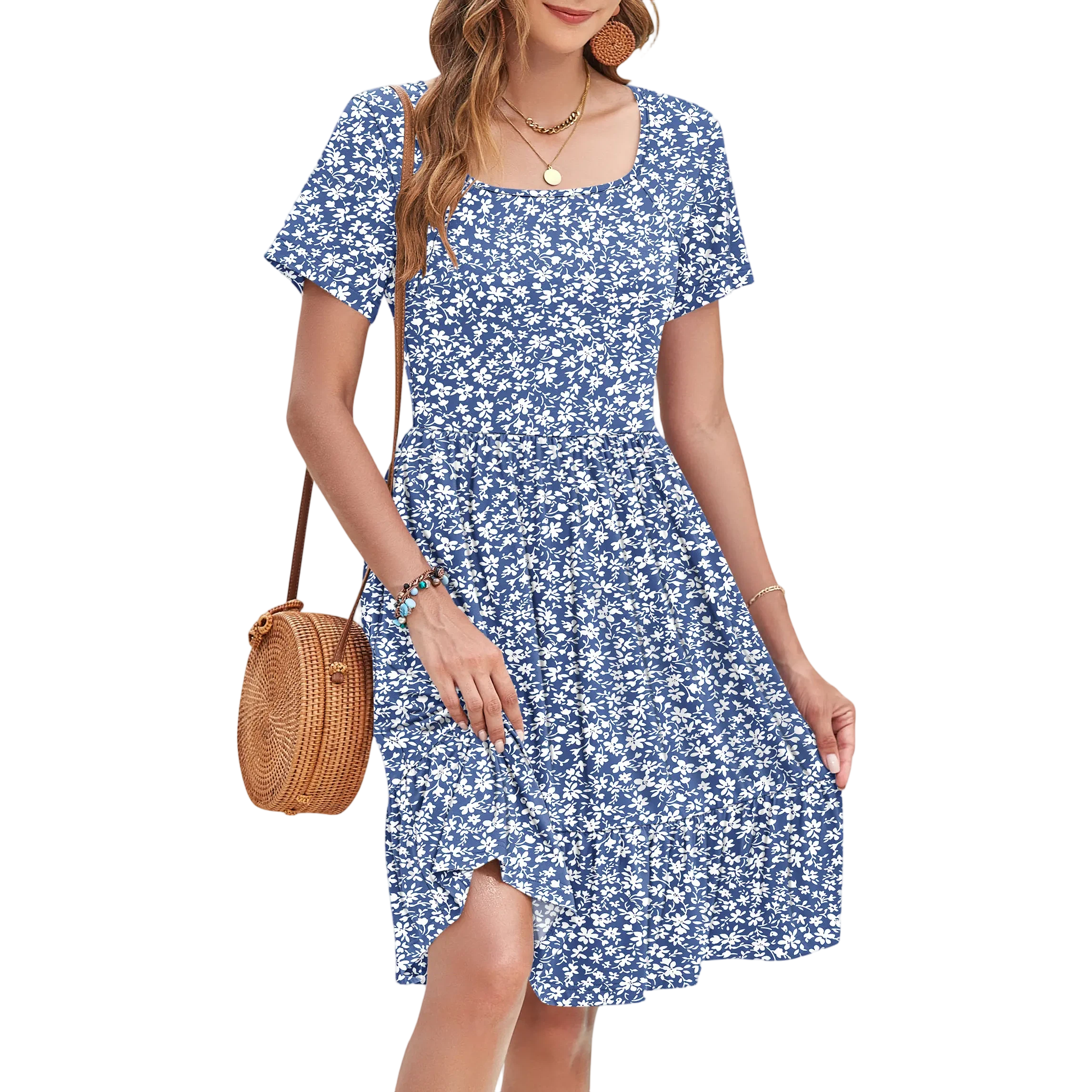 Women Square Neck Ditsy Floral Dress