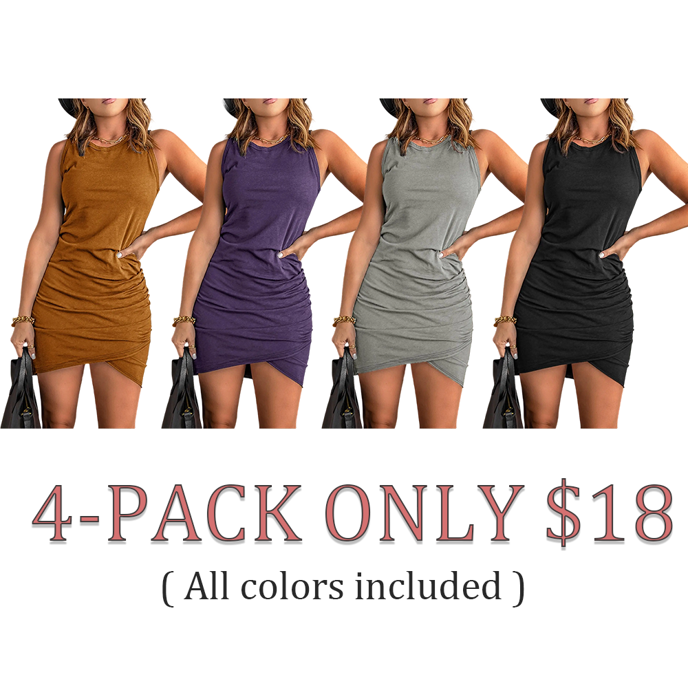 Women's Plain Ruched Wrap Tank Sundress, Casual Sleeveless Round Neck Bodycon Dress for Summer, Ladies Clothes for Daily Wear