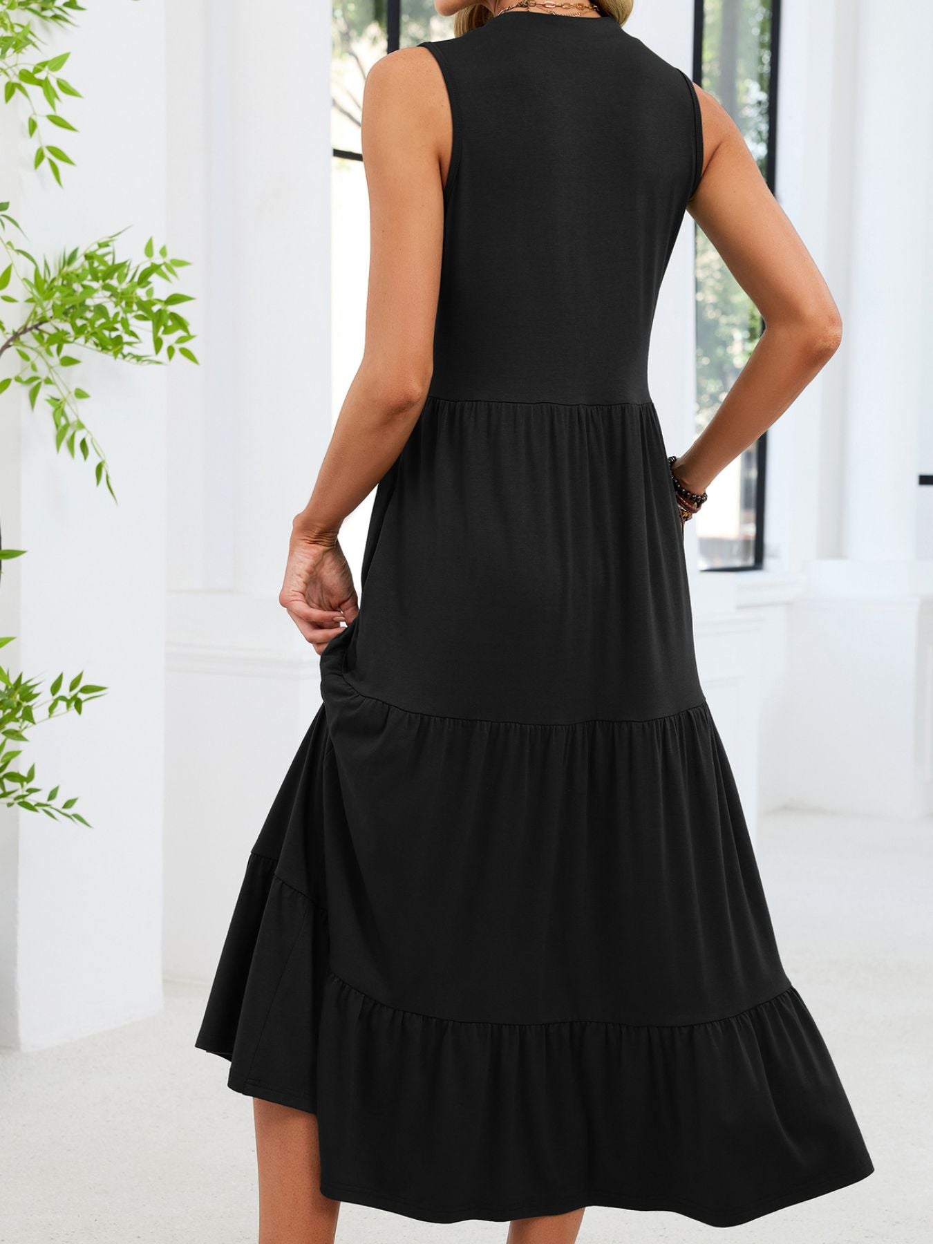 Ruffled Notched Tiered Midi Dress