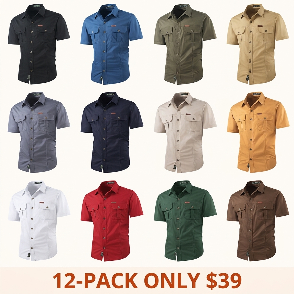 Lightweight, multi-pocket short-sleeve utility shirt for summer outdoor leisure.