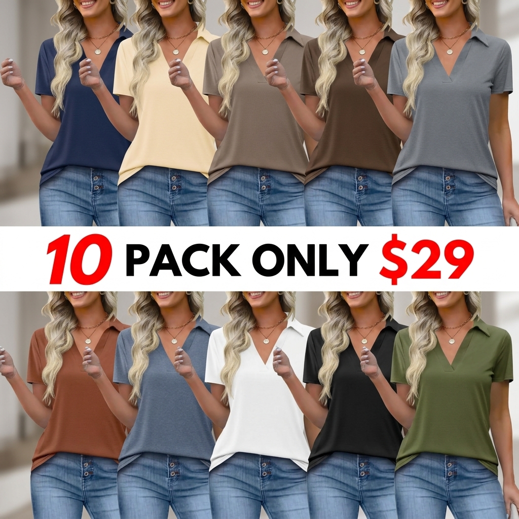 Women's Short-Sleeve Fitted Minimalist Lightweight Polyester V-Neck Collared Polo Shirts - Business