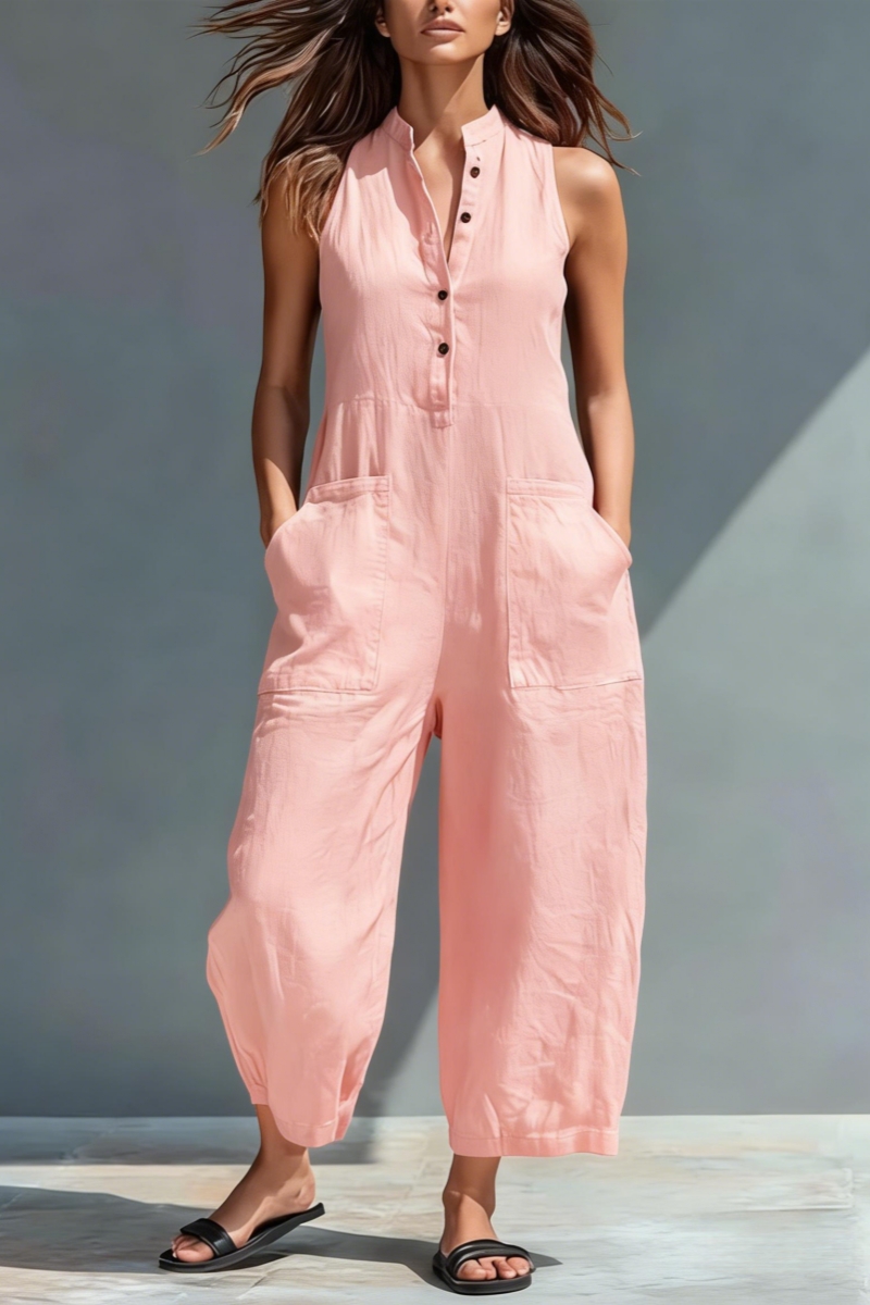 Women's Minimalist Linen Blend Button-up Stand-collar Sleeveless Loose Jumpsuit