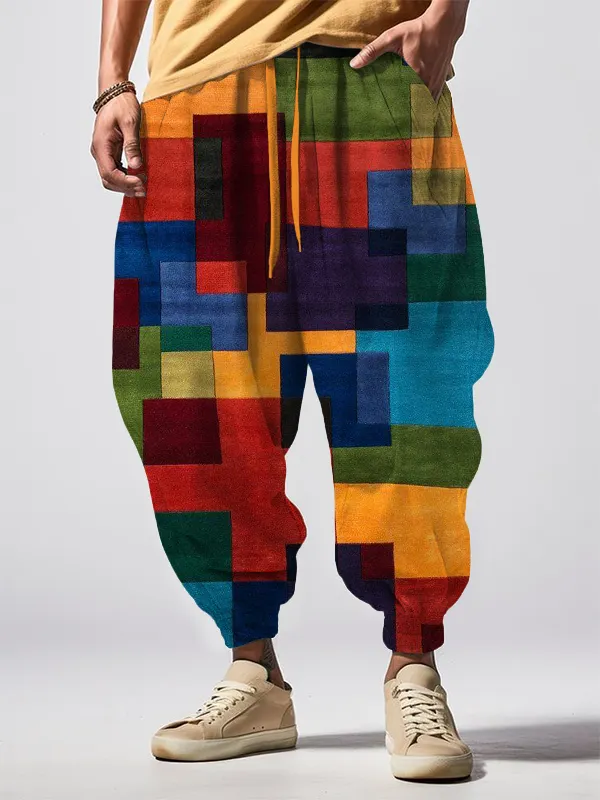 Men's Colorful Colorblock Patchwork Art Print Loose Drawstring Waist Sweatpants