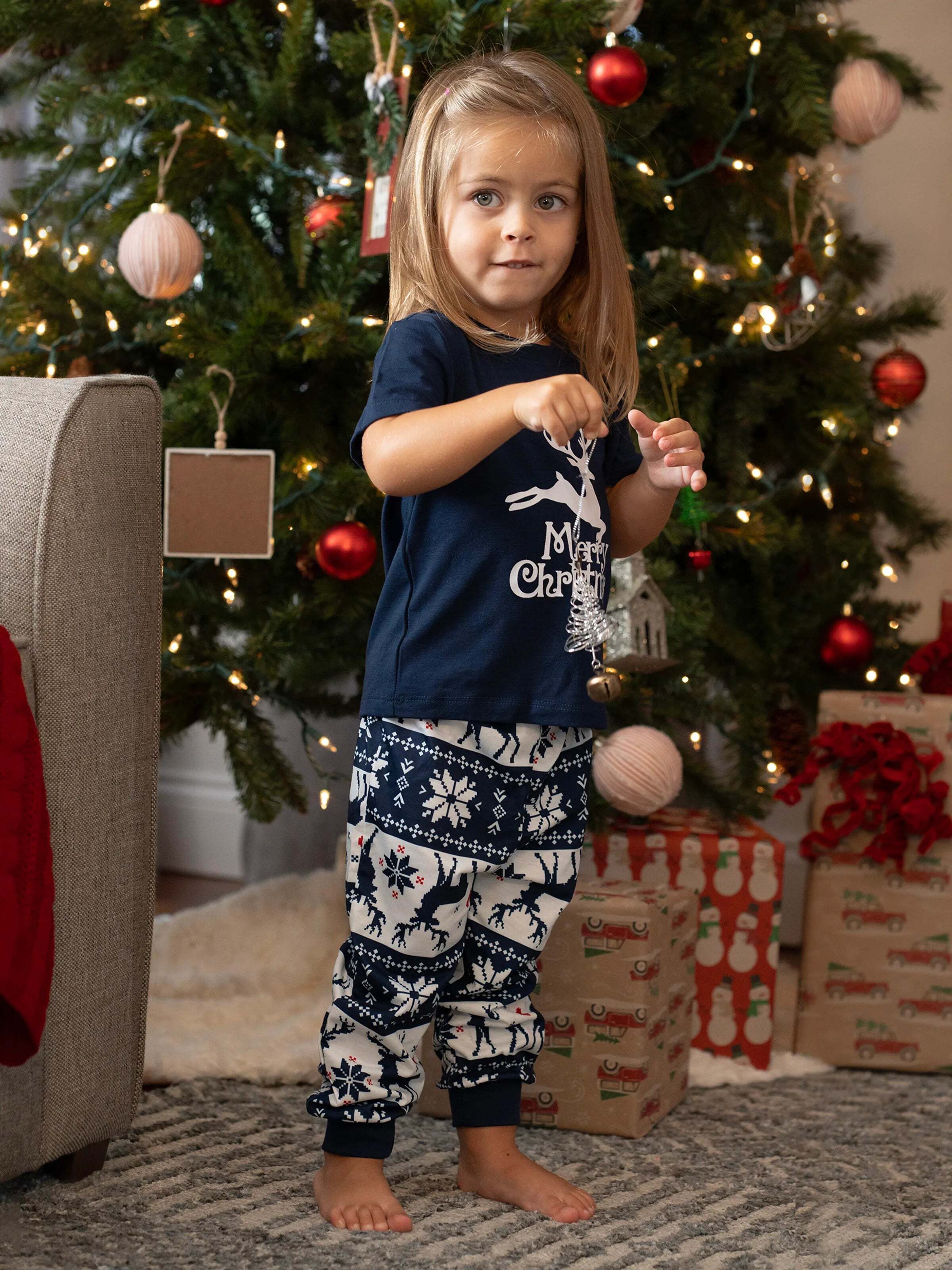 Christmas Reindeer Print Glow in the Dark Family Matching Pajamas Sets with Christmas Socks Deep Blue