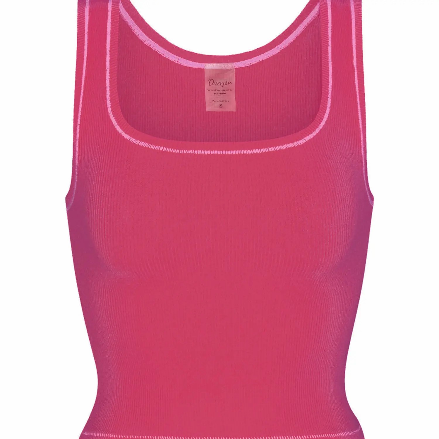 Women Rib Tank Top Padded Workout Top Square Neck Crop Tank Fitted Basic Cami Tops