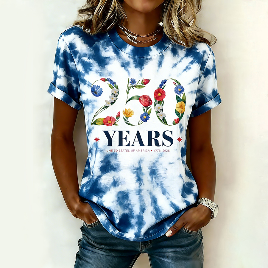 American Women'S Casual American Flag Printed Round Neck T-Shirt
