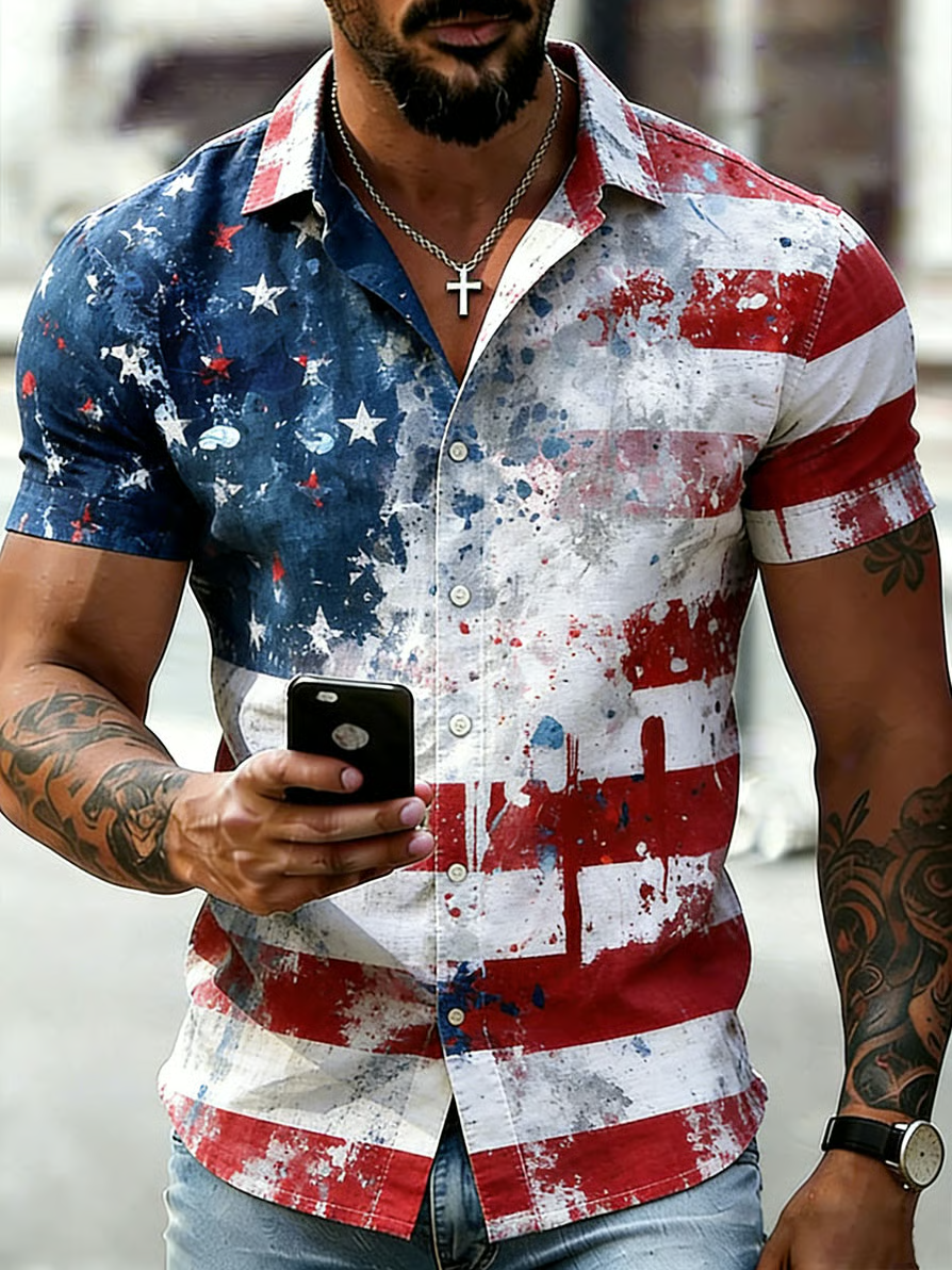 Men's Retro Art American 250th Anniversary Cotton Linen Short-Sleeve Shirt