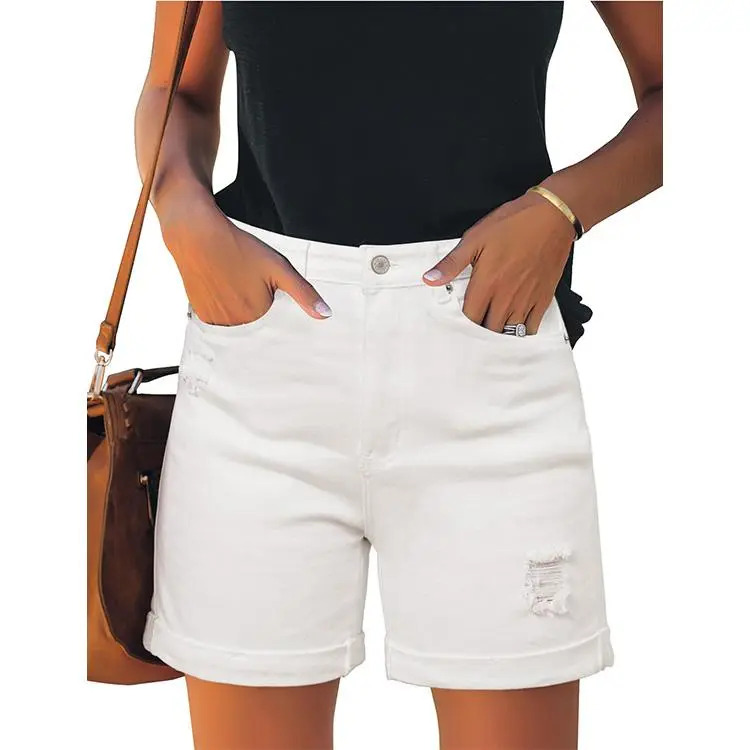 Women's Casual Distressed Denim Shorts – High-Waisted, Vintage-Wash, Cuffed Design