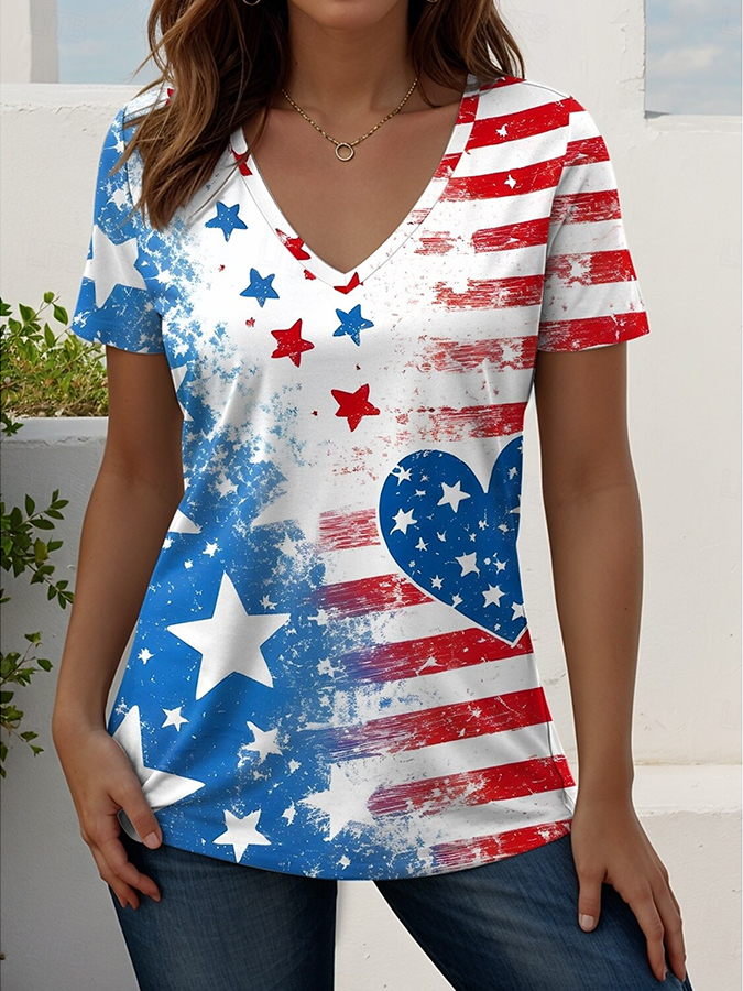 Women'S Casual American Flag Contrasting Print V-Neck T-Shirt