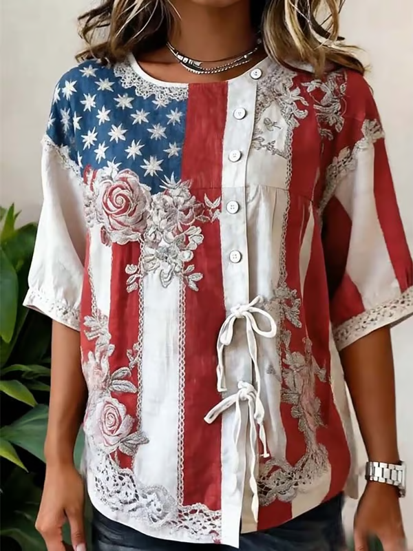 Women'S Independence Day Floral Printed Cotton And Linen Top