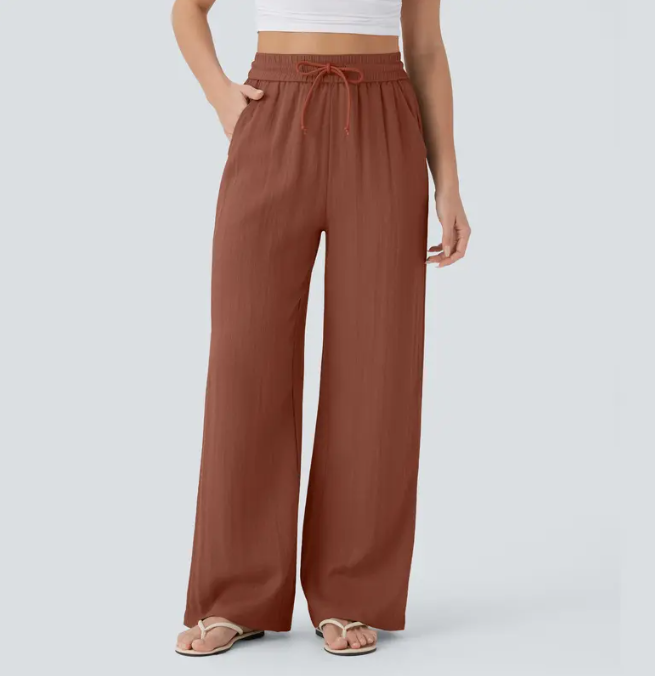 High Waisted Drawstring Pocket Wide Leg Baggy Casual Linen-Feel Pants
