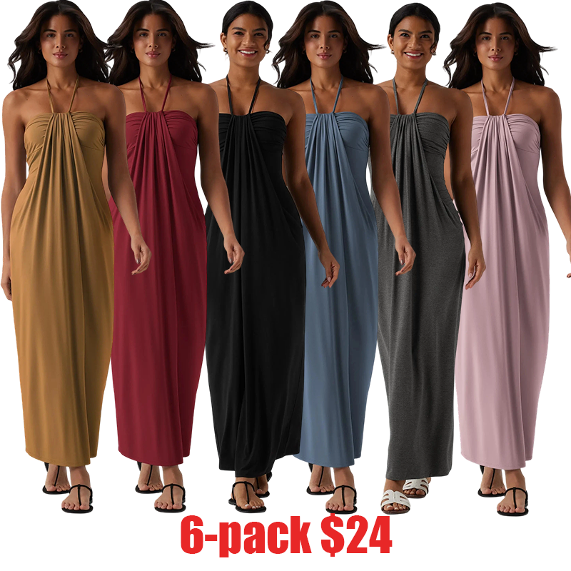 Women's Halter Tie Back Maxi Dress with Pockets – Cute Flowy Summer Dress for Beach, Vacation & Daily Wear